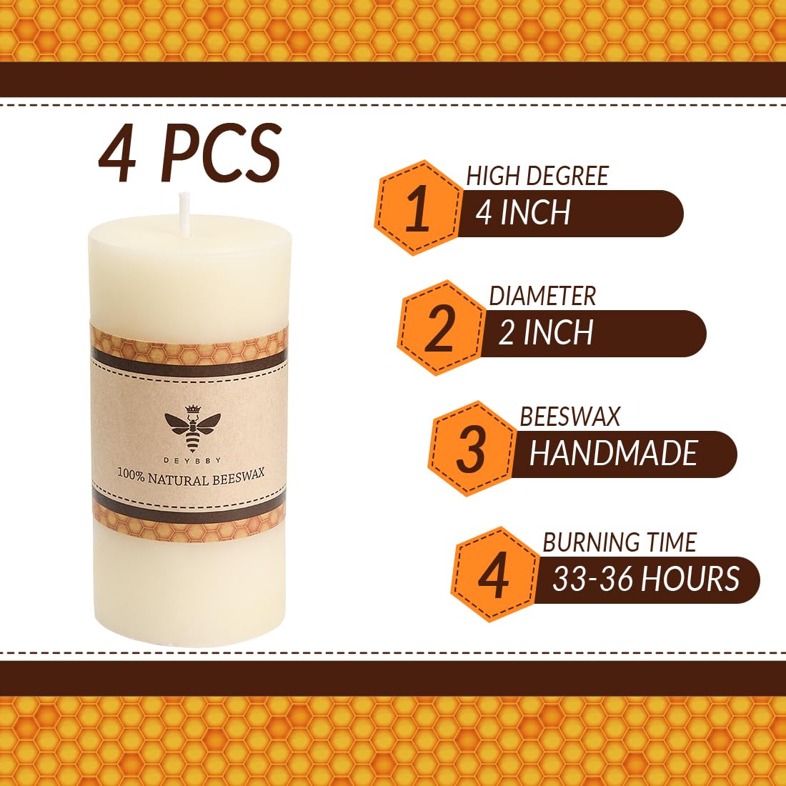 DEYBBY 2x4 inch Natural White Beeswax Pillar Candle Set of 4, Smokeless Dripless Pure Organic Beeswax Candles with Natural Scent for Wedding Home Decor Blackout Housewarming Event Gift (Cream