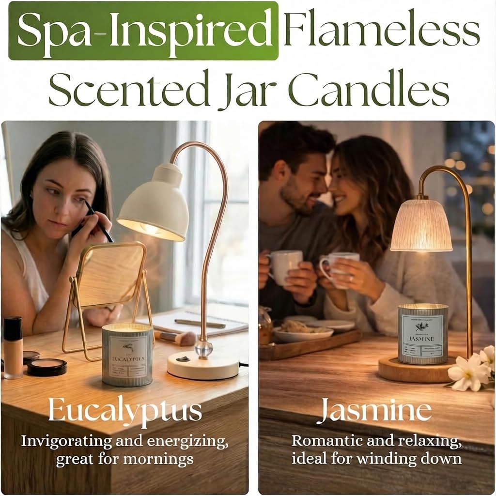 Dough Bowl Candle Co. Wickless Candles for Candle Warmer Lamp - Set of 2 Jar Candles for Warmer Lamp, Wax Melts Strong Scent in Eucalyptus and Jasmine, Flameless No Wick Scented 100% Soy Wax