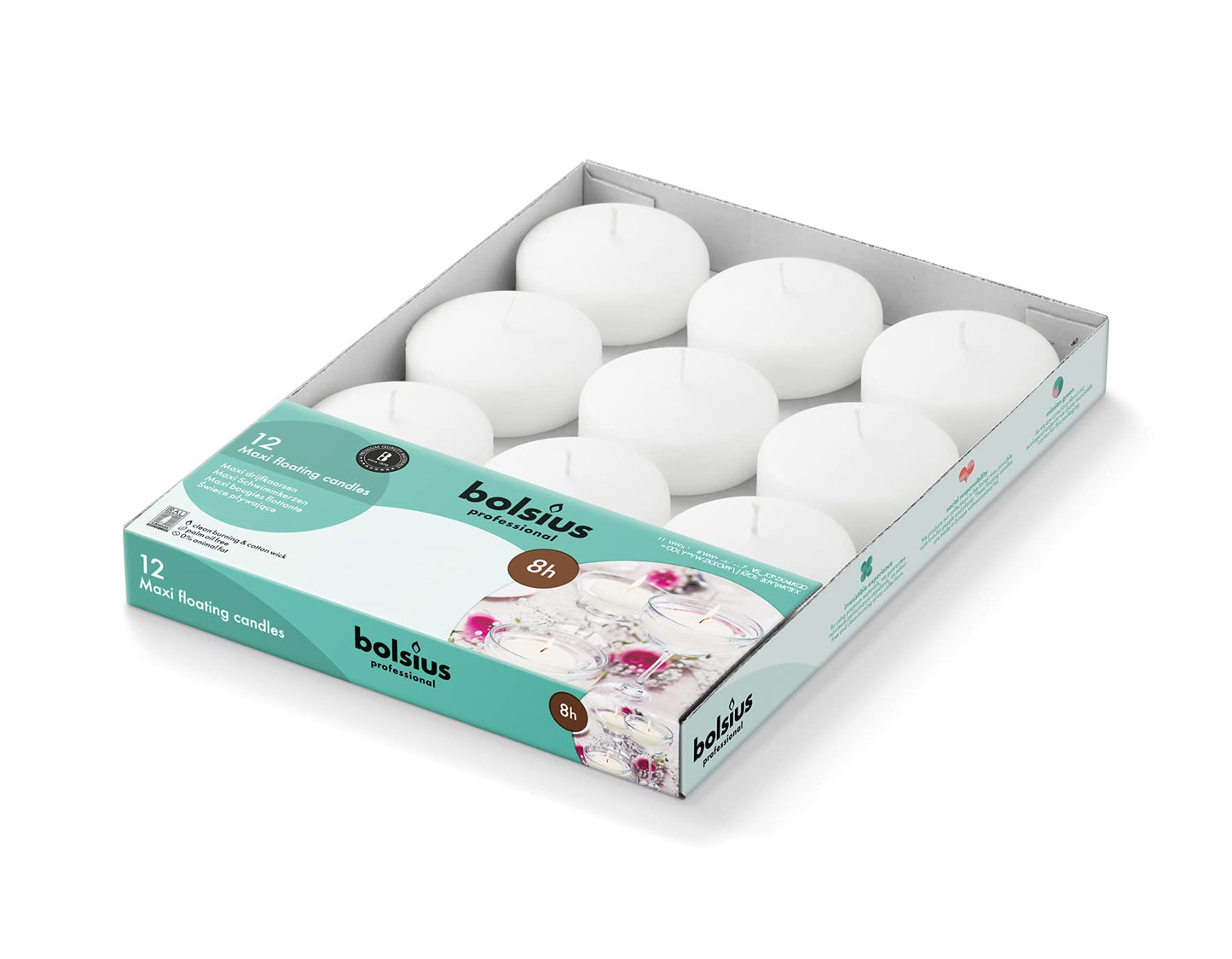 BOLSIUS White Floating Candles 3 Inch - Set Of 12 Maxi Candles - 8 Hour Clean Burning - Palm Oil Free - 0% Animal Fat - Premium European Quality