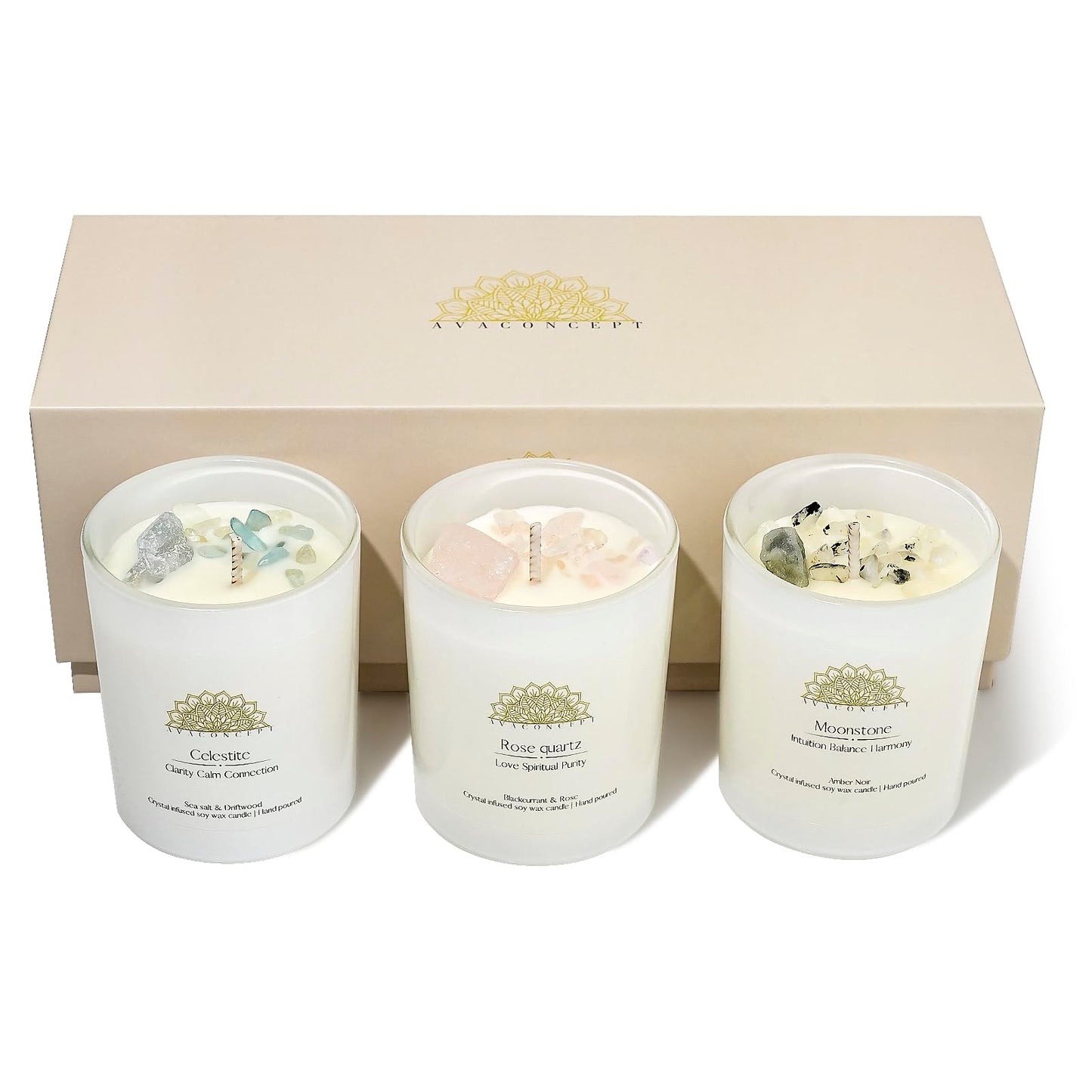 AvaConcept Healing Crystal Candle Gift Set – Set of 3 Celestite, Rose Quartz & Moonstone Hand-Poured Soy Wax Sea Salt Driftwood, Blackcurrant Rose & Amber Noir Aromatherapy Scents Premium Gift Box