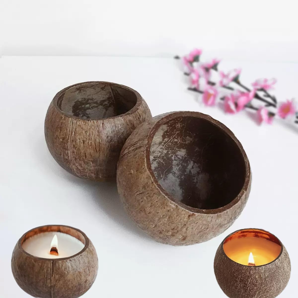 Phinicco 4 Pack Coconut Shell Candle Bowls - Wooden Candle Holders for DIY Candles & Home Decor