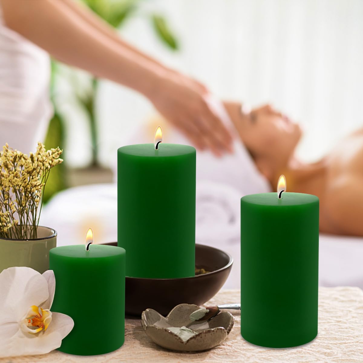 Green Pillar Candles Set of 3 - Dripless Unscented - 3x4, 3x6 & 3x8 inches Decorative Candles for Home Decor & Table Centerpieces