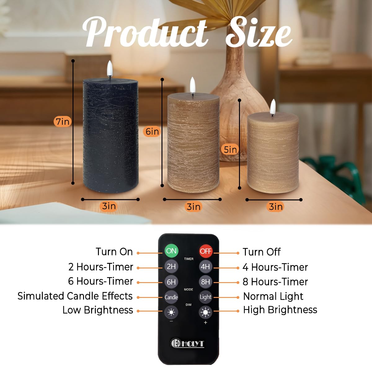 LEDHOLYT Rechargeable Flameless LED Pillar Candles–Luminous Real Wax Indoor Home Decor–Set of 3, Realistic Flickering LED Flame,Remote & Timer, USB-Rechargeable（Caramel Beige）