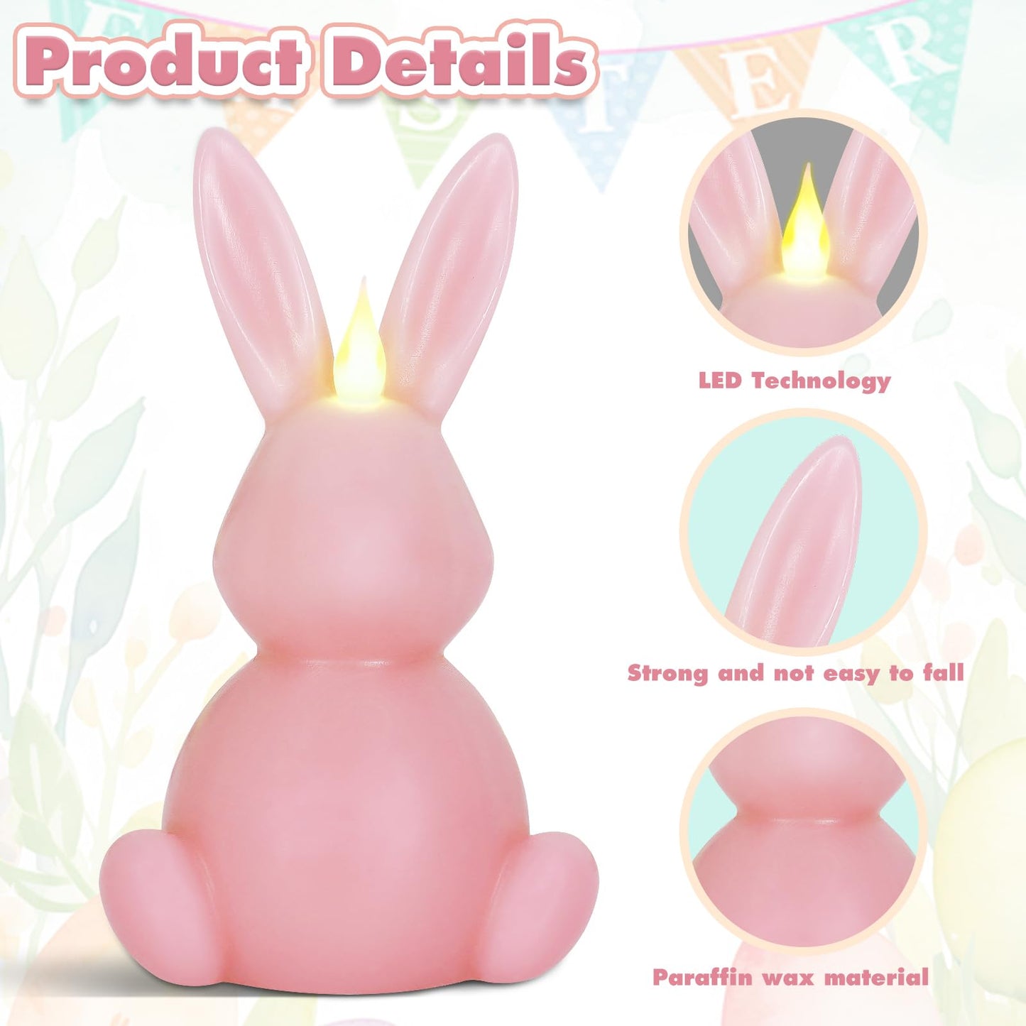 Leorate Pink Easter Bunny Flameless Candles, Real Wax Carved LED Candle Battery Operated, Scented Bunny Shape Easter Decorations Set for Home Living Room Bedroom Party Centerpiece Table Home Decor