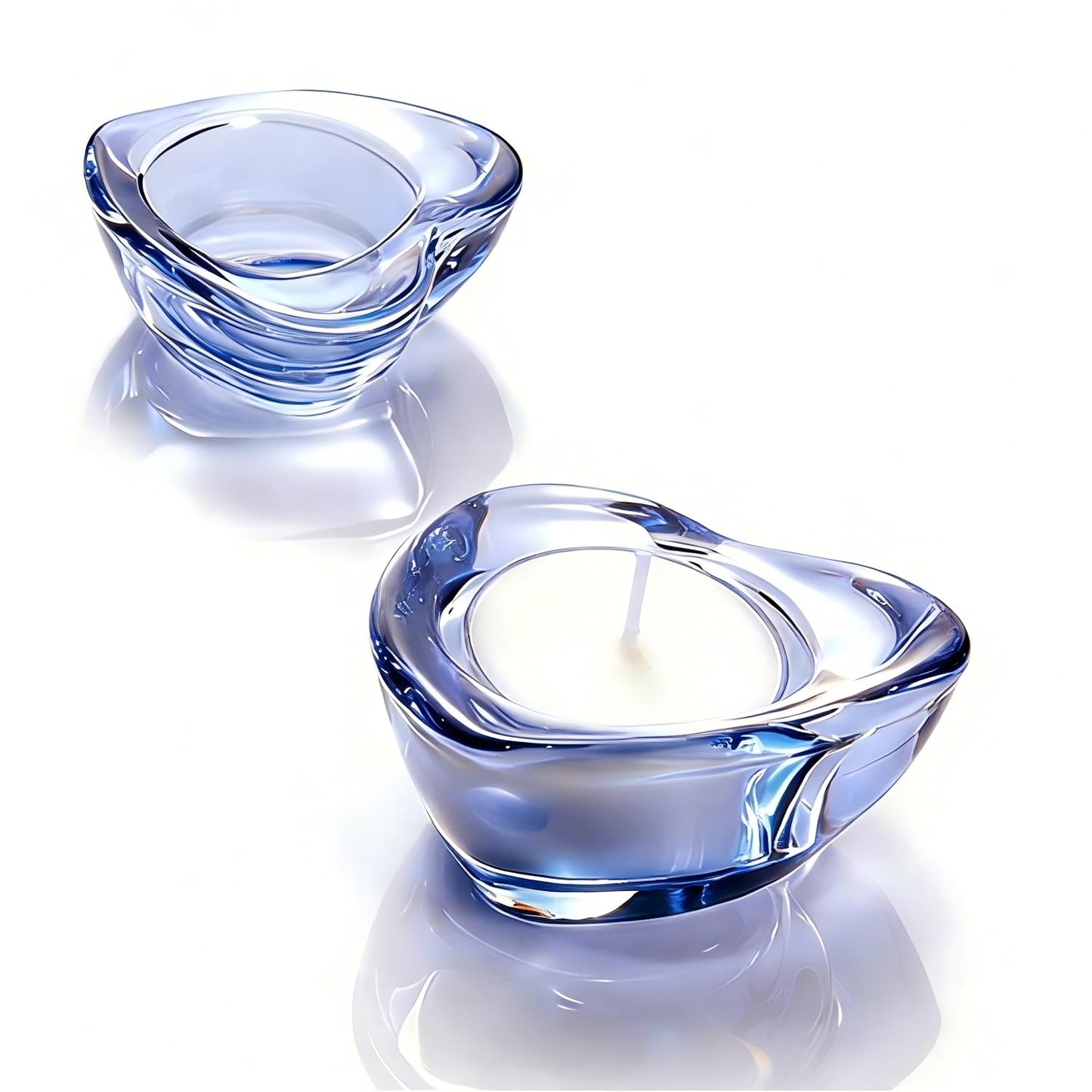 Elivia Blue Tealight Candle Holders - Set of 12, Heart-Shaped Chunky Glass Candle Holder, 2.9" Diameter - CH02 - Water Blue