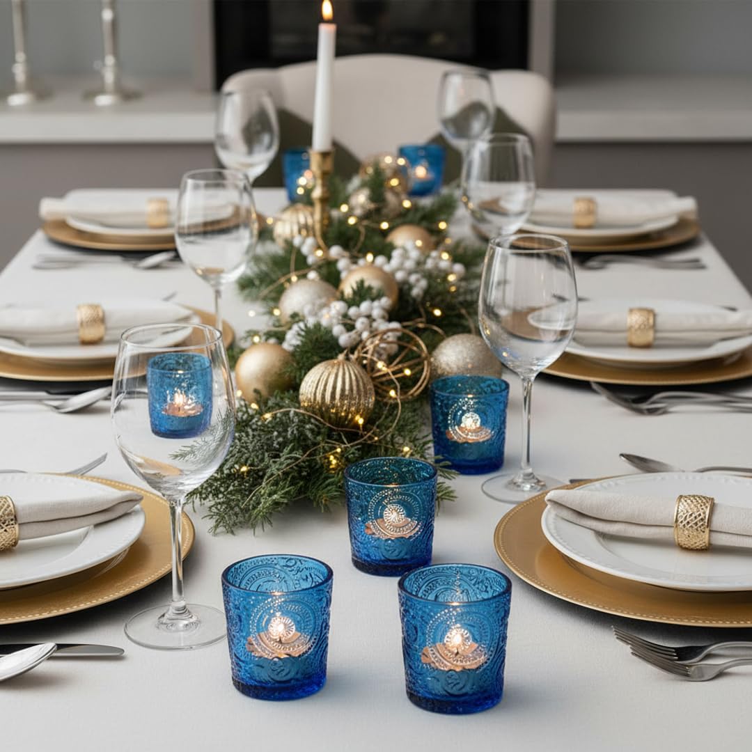 6 Pack Patented Sun Moon Star Embossed Glass Tea Light Candle Holders - Unique Votive Candle Holders for Wedding, Party, and Table Centerpieces (Ocean Blue)