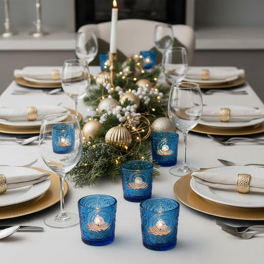 6 Pack Patented Sun Moon Star Embossed Glass Tea Light Candle Holders - Unique Votive Candle Holders for Wedding, Party, and Table Centerpieces (Ocean Blue)