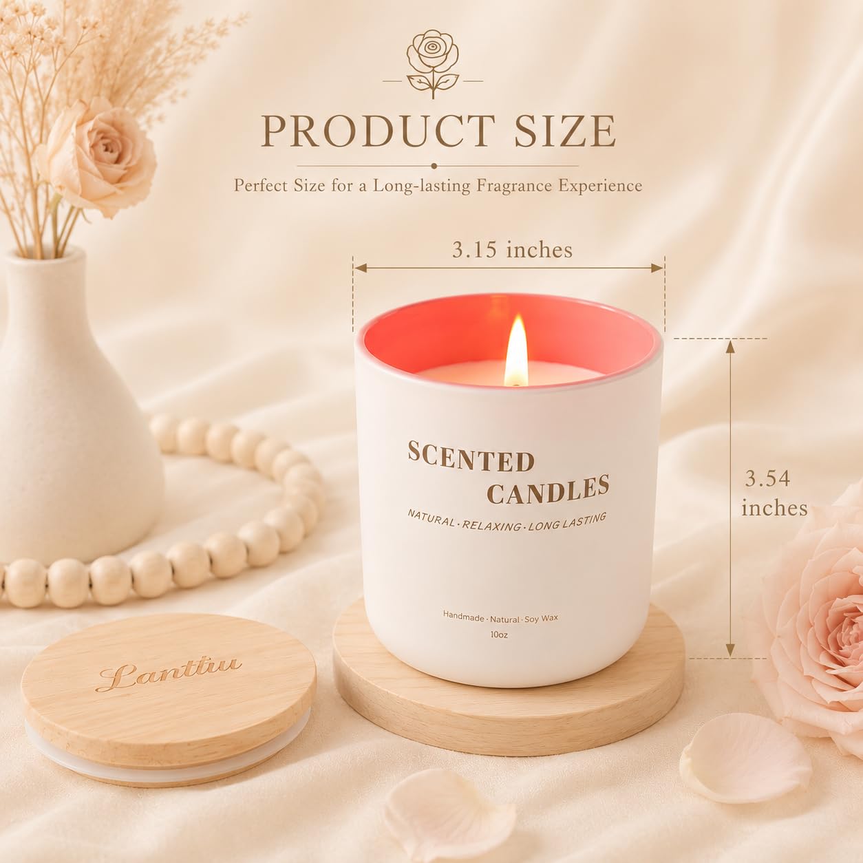 Lanttu Rose Scented Candle for Home Decor, 10 oz Natural Soy Wax Jar Candles, 40 Hours Long Lasting Burning Candles for Women Mom Friend Birthday Housewarming Gift