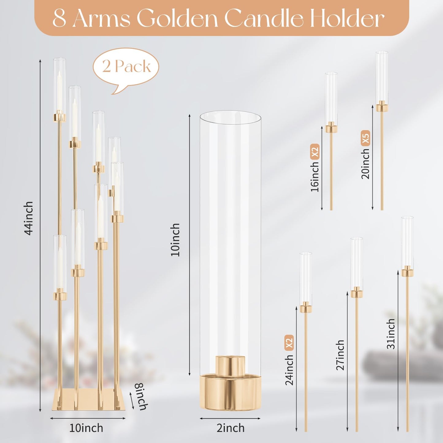 2 Sets Gold Candelabra,8 Arm Candlestick Holders with Acrylic Shades, 44'' High Large Floor Candle Holders for Wedding Centerpieces Table Decorations Fit 0.9" Candles and LED Taper Candles