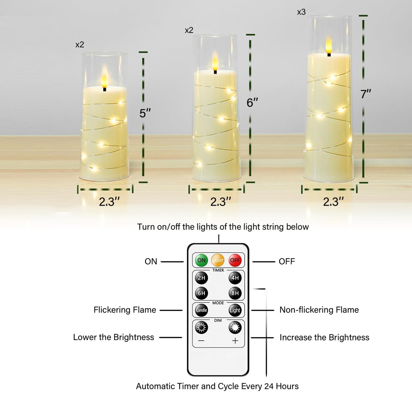 Eebuss Flameless Candles with Embedded Star String, Battery Operated LED Pillar Candles with Timer and Remote Control,Home Decorating for Ambiance， Set of 7(Ivory)