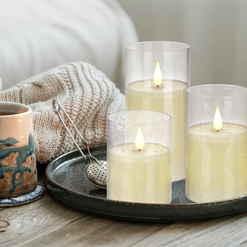 Flameless Flickering Remote Control Candle, Glass Pillar Candle,3 Pack (D:3"×H:4" 5" 6") LED 3D Flame Romantic Candle,Battery Operated Real Wax, Ideal for Wedding, Home Decor Holiday (Ivory)