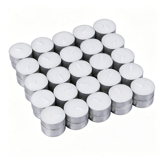 Paraffin Wax Tealight Candles 50 Pack Long Burning Aluminum Cup Candles for Home Scented Odor Eliminating Candle for Smoking Pet Kitchen White Unscented