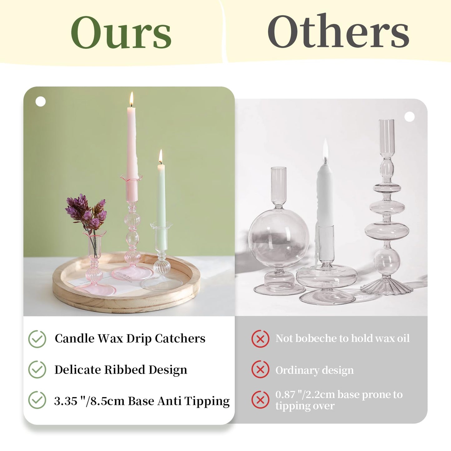 Glasseam Glass Tapered Candlestick Holders: Set of 3 Clear Candle Sticks Holder Decor with Bobeche Modern Ribbed Taper Candle Holders for Table Centerpiece Christmas Wedding Home Decorations