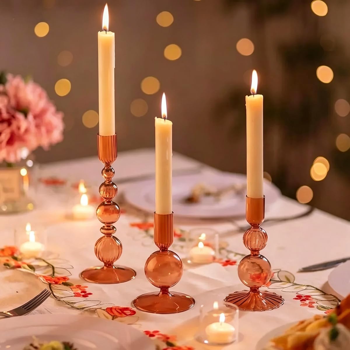 Mineaud 3Pcs Glass Candlestick Holders Glass Taper Candle Holders Groovy Wavy Elegant Candle Stick for Home Party Decoration,Brown