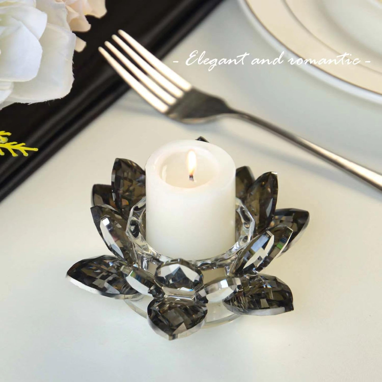 Kolnlala Crystal Lotus Flower Tealight Candle Holders/Glass Tea Light Candlestick Decor Decoration for Christmas Home Wedding Party… (1, Black 1pc)
