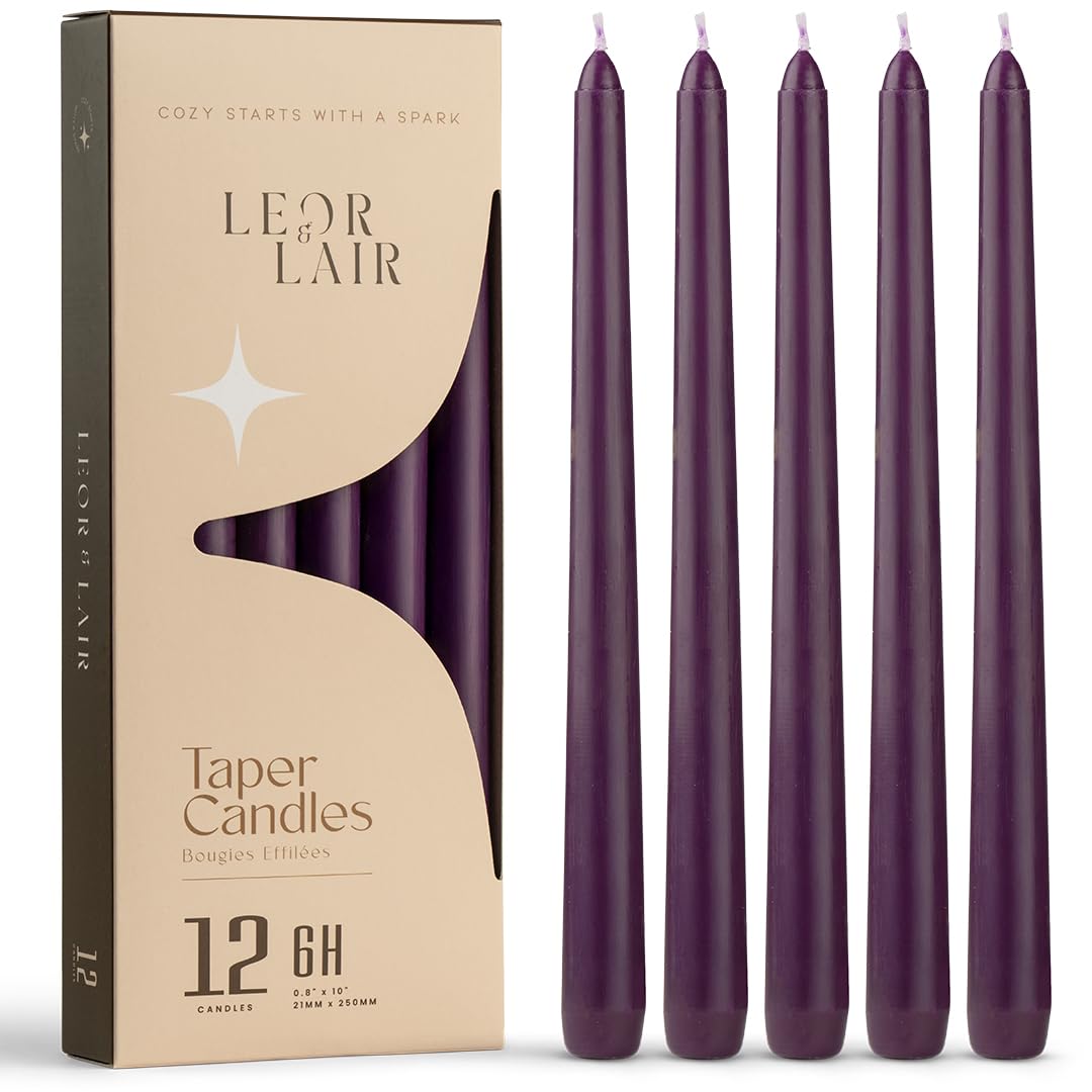 Leor & Lair Purple Taper Candles - 12 Pack 10" Purple Candlesticks - Unscented Long Burning Candle Sticks for Home Decoration, Dinner Table, Holidays, Weddings, Restaurants & Events