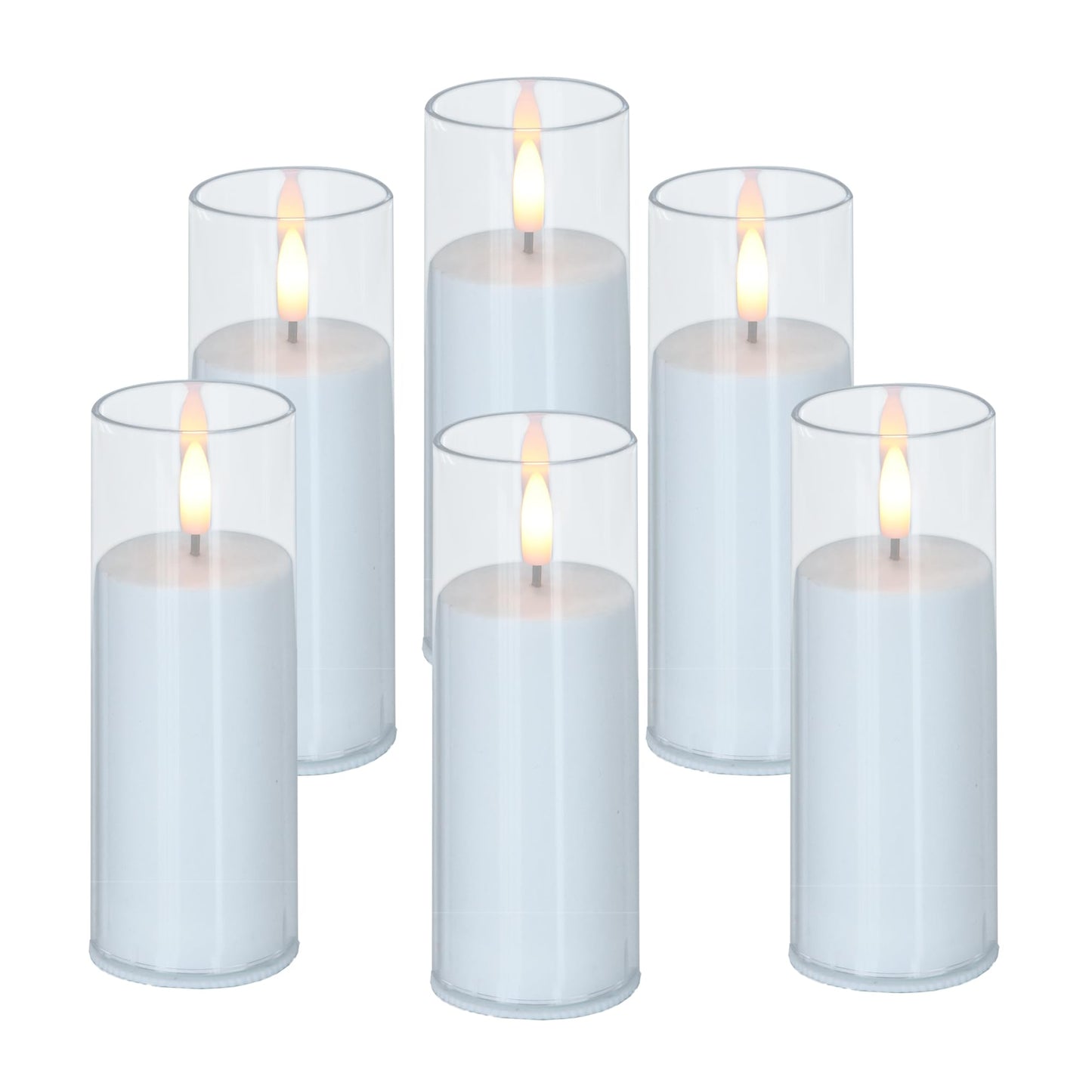 CANDLE CHOICE Indoor Outdoor Flameless Candles with Timer Waterproof Realistic Flickering Battery Operated Pillar LED Lights with Acrylic Shell Wedding Party Christmas Decorations 6 Pack 2”x6” Clear