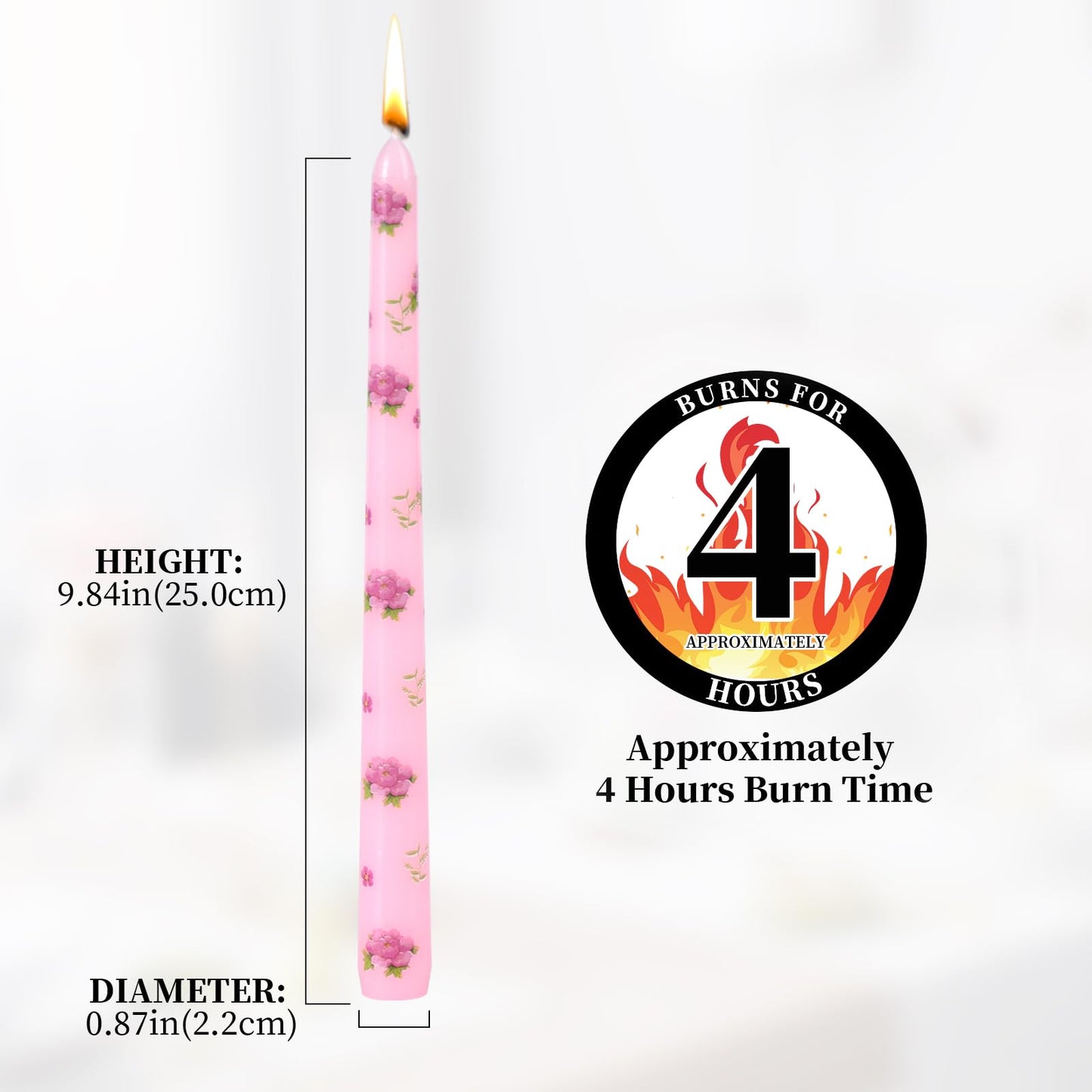 Taper Candles,10 inch 2pc Pink Tapered Candles with Peony Printed, Unscented and Smokeless Long Burning Candles,Tall Candlesticks with Cotton Wicks,Ideal for Weddings, Home Décor