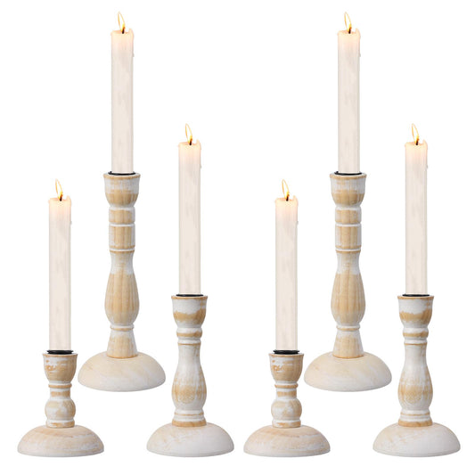 6PCS Rustic Candle Holder, Wooden Candle Holder for Table Centerpiece, Wood Taper Candles Holders Vintage Stick Tapered Holders Table Centerpiece Decor for Christmas Party Holiday Home-3Sizes