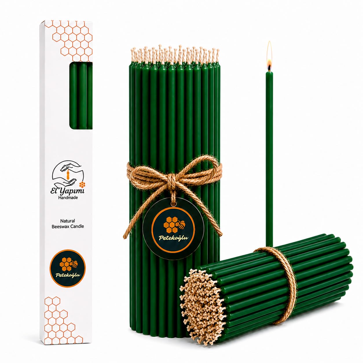 Petekoğlu 15-Pack Beeswax Wish Candles – Handcrafted, Drip-Free, Smoke-Free Slim Taper Candles for Rituals, Meditation, Birthday & Home Décor – Natural Honey Scent 7.87” x 0.24” (Green)