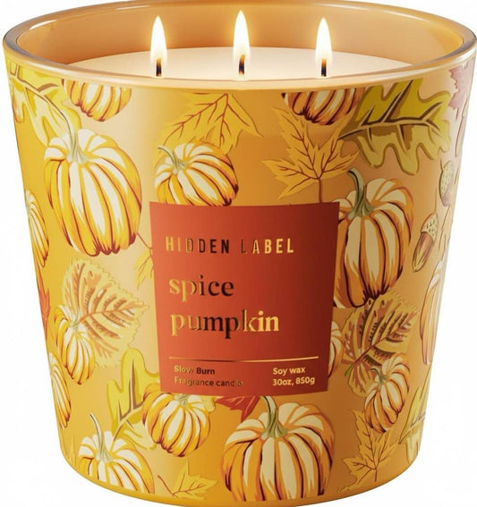 Hidden Label Pumpkin Spice Fall Candles, 3 Wick Large Scented Candle for Home, 30oz Natural Soy Candles for Home Scented,100 Hour Burn Time, Long Lasting Highly Scented Luxury Candle Gift