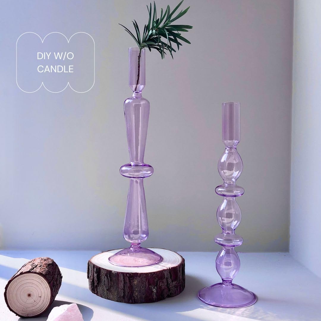 Amanman Candle Stick Candle Holder, Glass Candle Holders for Table Centerpiece, Modern Style Purple Candle Holder Mixed 4pcs