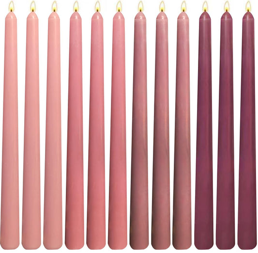 12-Pack Gradient Dusty Rose Taper Candles, 10 Inch Unscented Dripless Candlesticks, Long-Lasting Burn Time of 7-8 Hours, Perfect for Dinners Parties and Home Décor