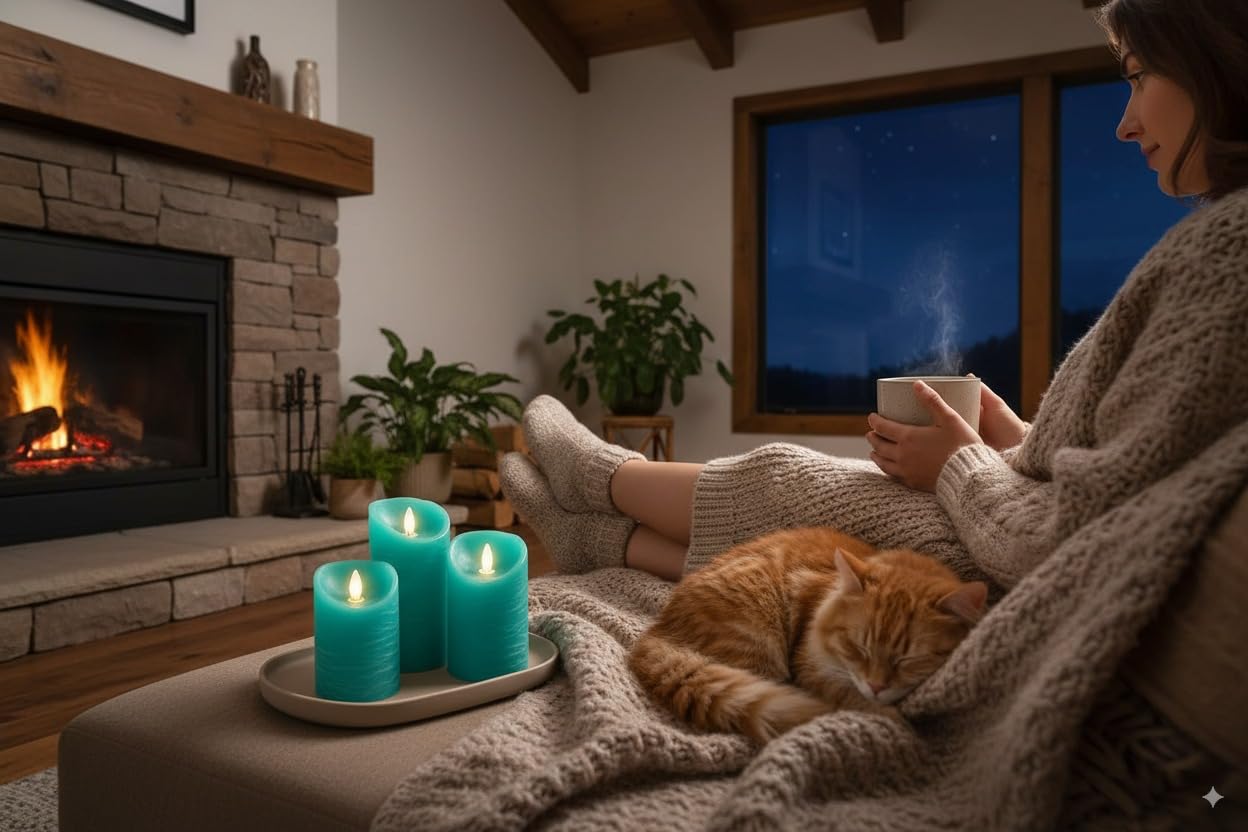 VENTA Turquoise Real Wax Flameless Candles, Set of 3 | Realistic Teal LED Pillar Candles with Remote & Timer | Perfect for Coastal, Beach House & Nautical Decor
