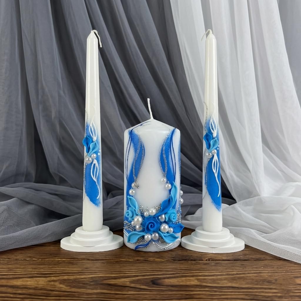 Magik Life Unity Candle Set - Wedding Ceremony & Reception – 6” Pillar & Two 10” Taper Candles – Long Burning Unity Candles for Marriage Ritual – Handmade in USA - Royal | Blue