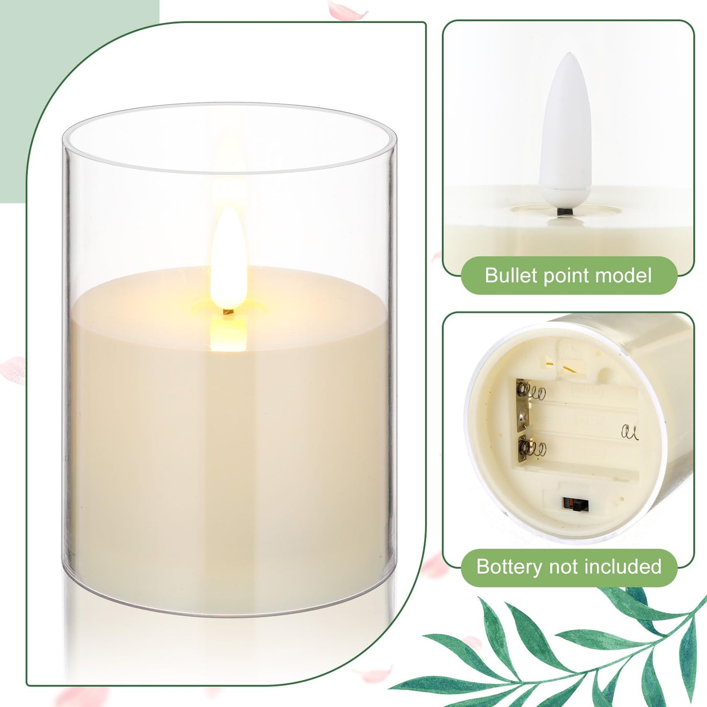 Yunlly 4 Pcs White Rose Candle Wreaths Rings Roses and Green Leaves Candle Holder Rings with LED Flameless Candles, 9.5" Wide for Wedding Windows Table Centerpieces