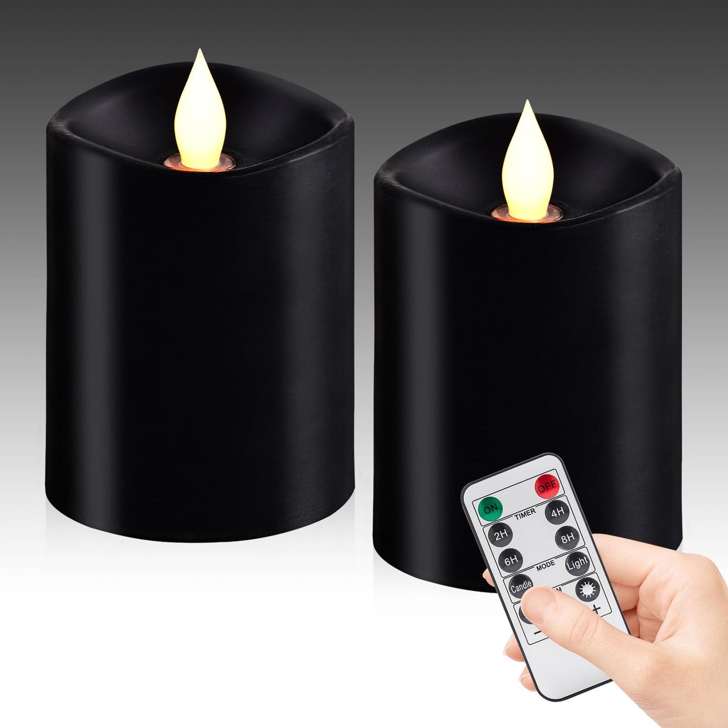 Woocodowe Black Flameless LED Candles - 3" x 4" Real Wax, Battery Operated with Remote Timer, 3D Flickering, Lasts 600+ Hours, Halloween & Christmas Deco (Black, 3"*4"-2pcs)