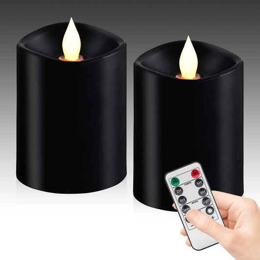 Woocodowe Black Flameless LED Candles - 3" x 4" Real Wax, Battery Operated with Remote Timer, 3D Flickering, Lasts 600+ Hours, Halloween & Christmas Deco (Black, 3"*4"-2pcs)