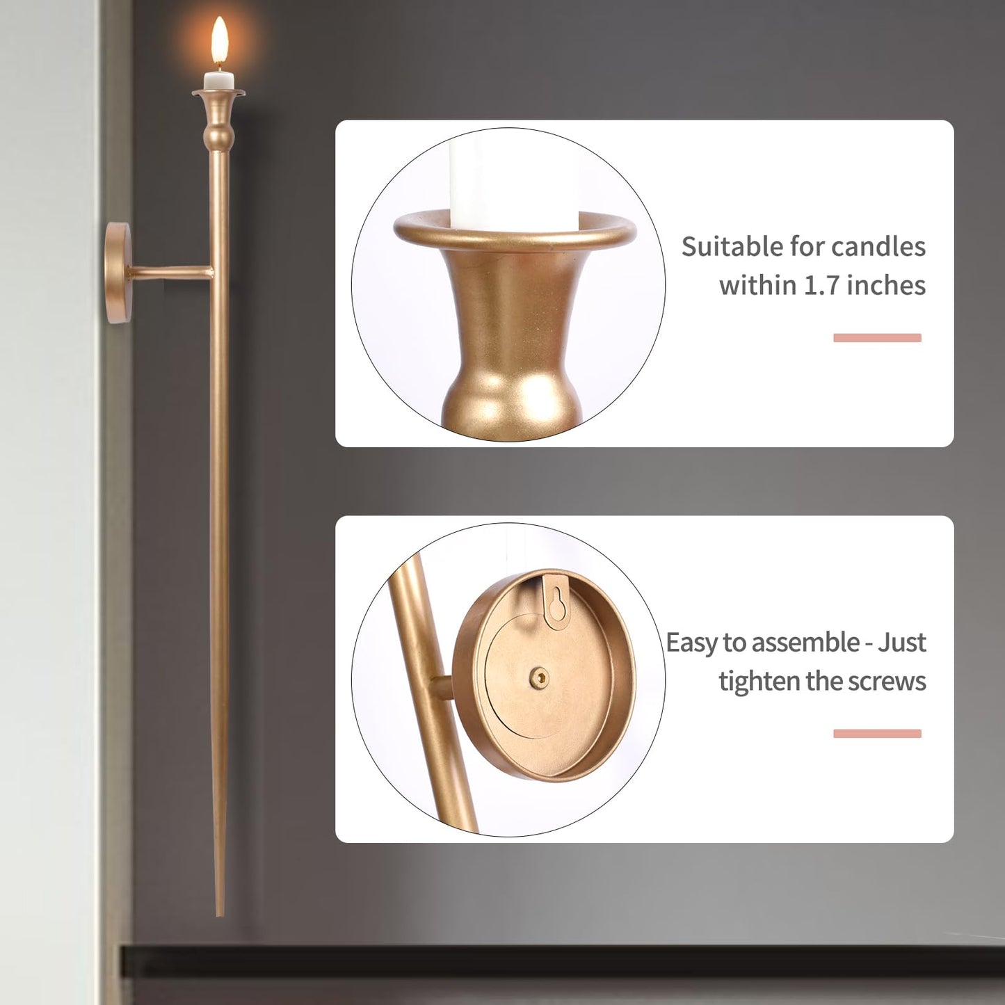 Candle Sconces Long Wall Candle Holder - 33" H Set of 2 Gold Long Wall Candle Sconce Retro Chic Wall Sconces Candle Holder Decoration for Dining Room, Living Room, Office, Bathroom