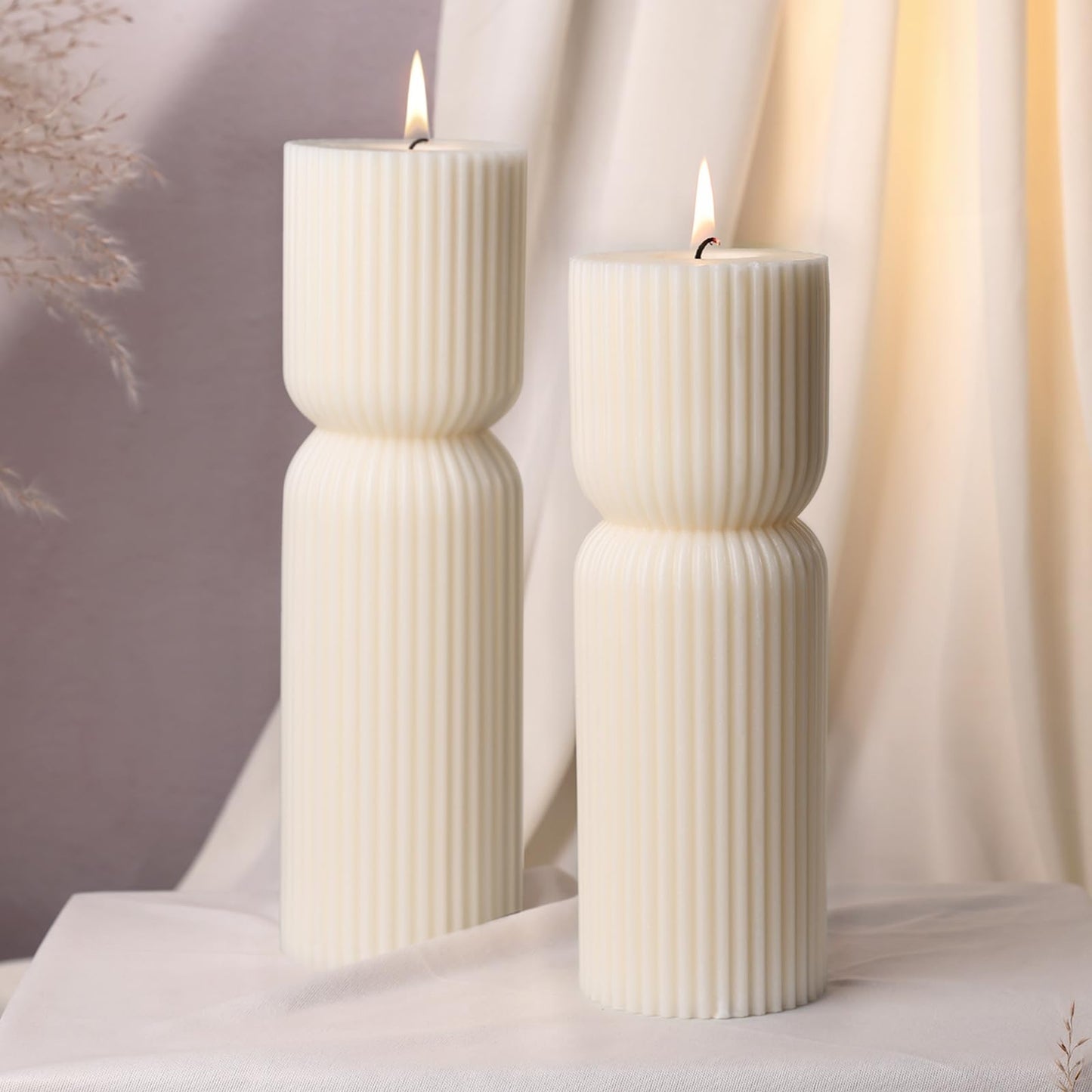 Aesthetic Sandalwood Scented Candles,Ribbed Pillar Candle Set of 2 (7.87" & 9.05" Tall), Natural Soy Wax Minimalist Geometric Decor, Modern Fluted Sculptural Candles for Home,Shelf, Mantel & Gift