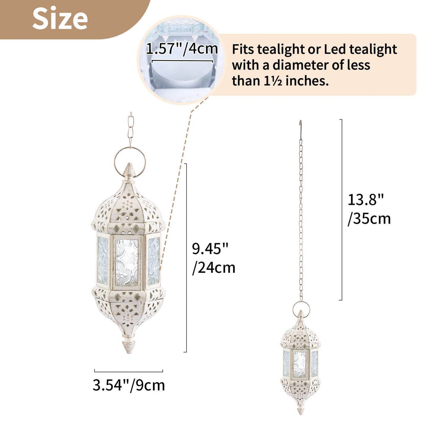 2 Pcs Moroccan Lantern Metalwork Hanging Tealight Candle Holder Metal Glass Indoor Outdoor Battery Operated LED Flameless with 35cm Chain, White