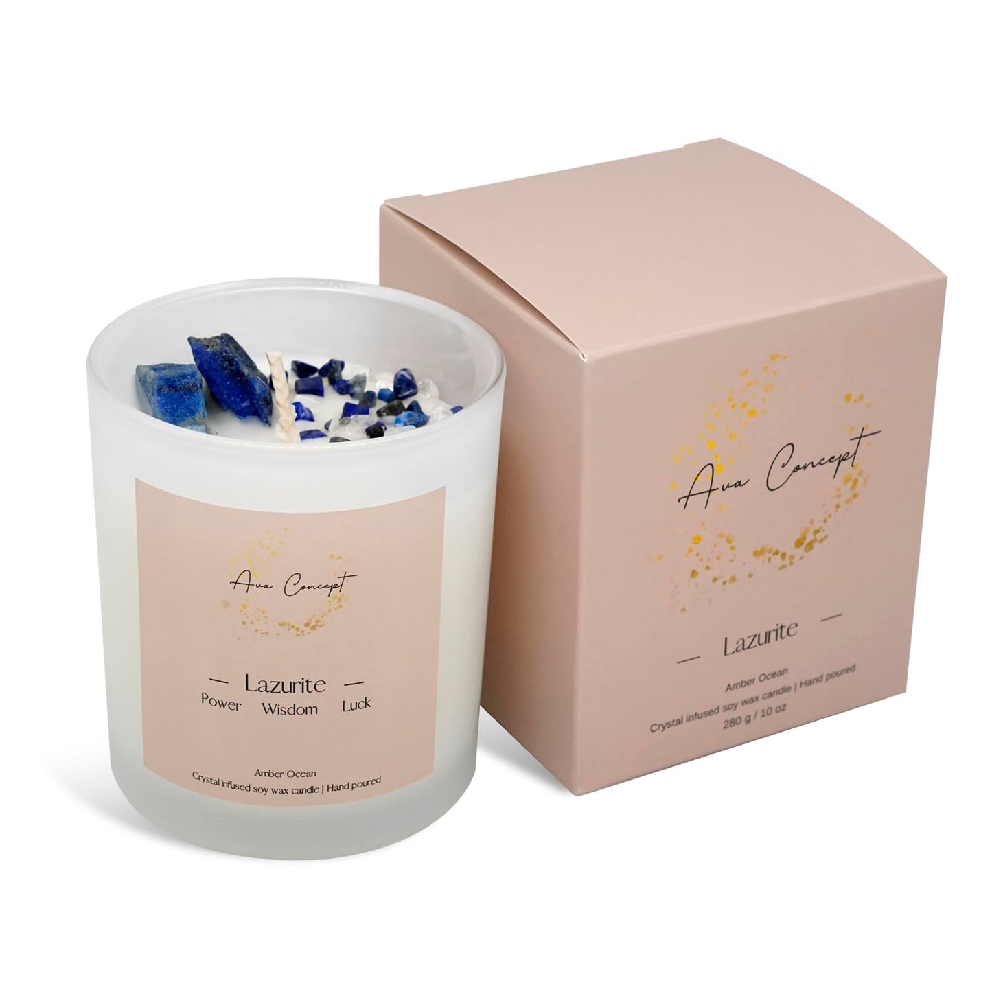 Ava Concept Lazurite Crystal Candle – 10oz / 280g | Amber Ocean Aromatherapy | Hand-Poured Soy Wax | Genuine Lapis Lazuli Healing Crystals Embedded | Power, Wisdom & Luck | Gift Box Included