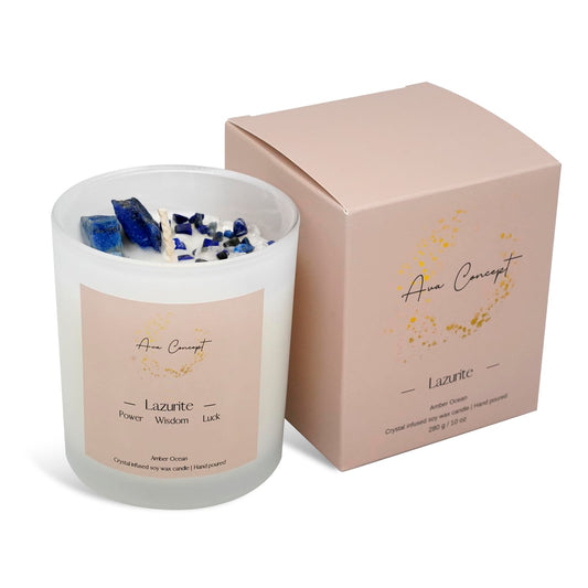 Ava Concept Lazurite Crystal Candle – 10oz / 280g | Amber Ocean Aromatherapy | Hand-Poured Soy Wax | Genuine Lapis Lazuli Healing Crystals Embedded | Power, Wisdom & Luck | Gift Box Included