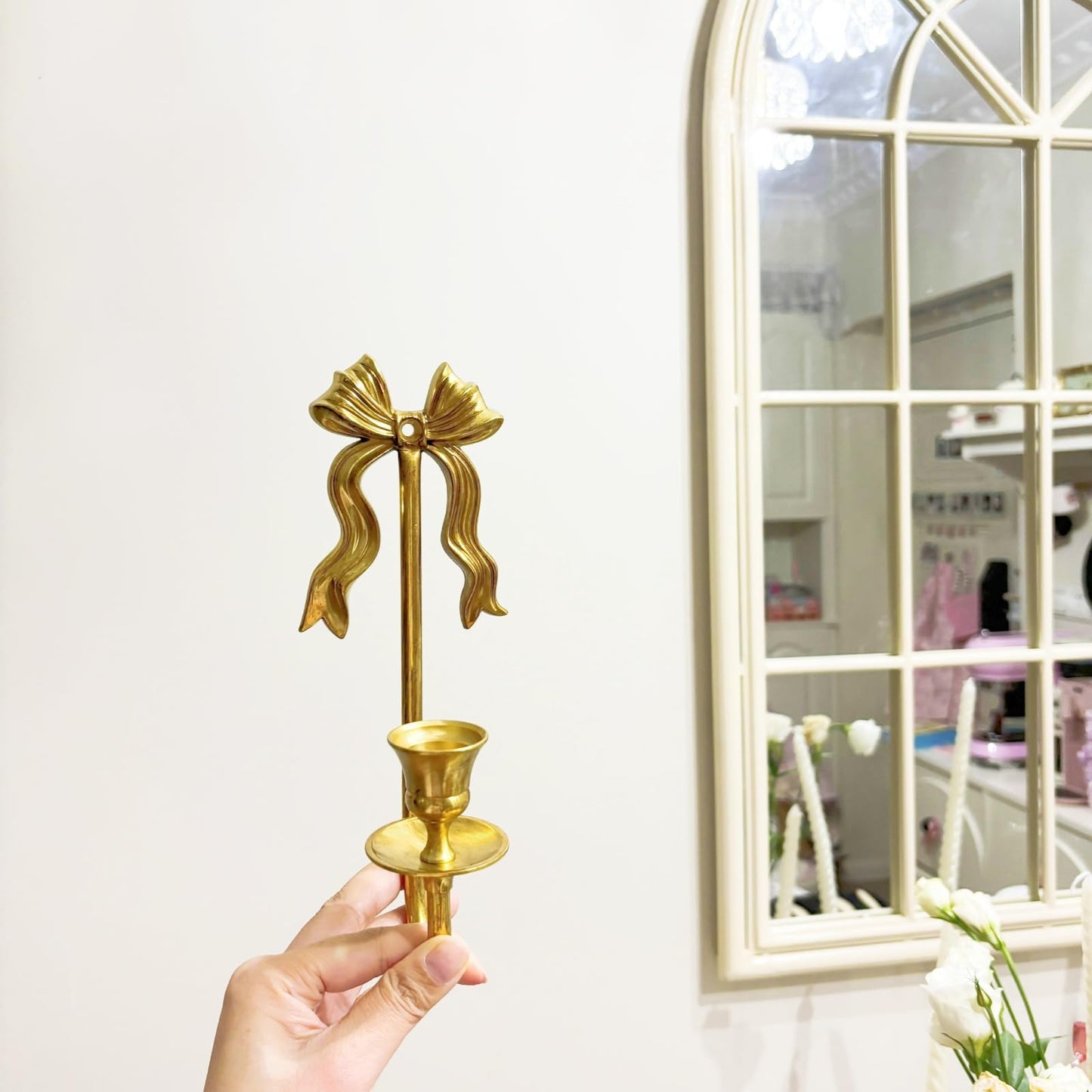 TerkCo Brass Wall Candle Sconces Wall Decor Set of 2, Antique Gold Bow Candle Stick Holders,Wall Mounted Home Decoration,for Living Room,Dining Room, Bedroom（No Candle (Gold 1)