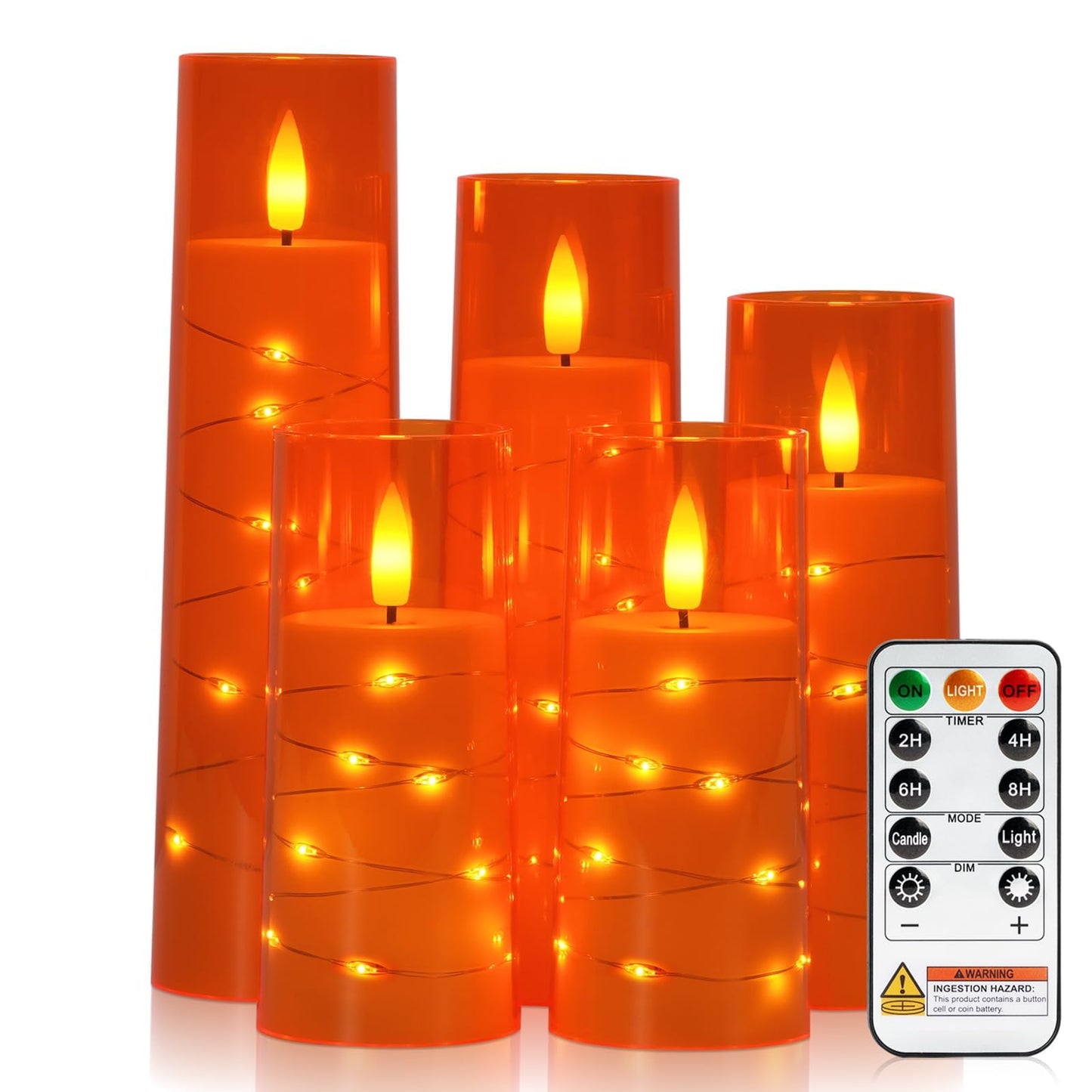 Raycare Flameless Candle with Remote Timer – 5 Flickering Acrylic Battery Operated LED Pillar Candles with Embedded Star String for Halloween, Home Decor, and as a Gift(Orange)