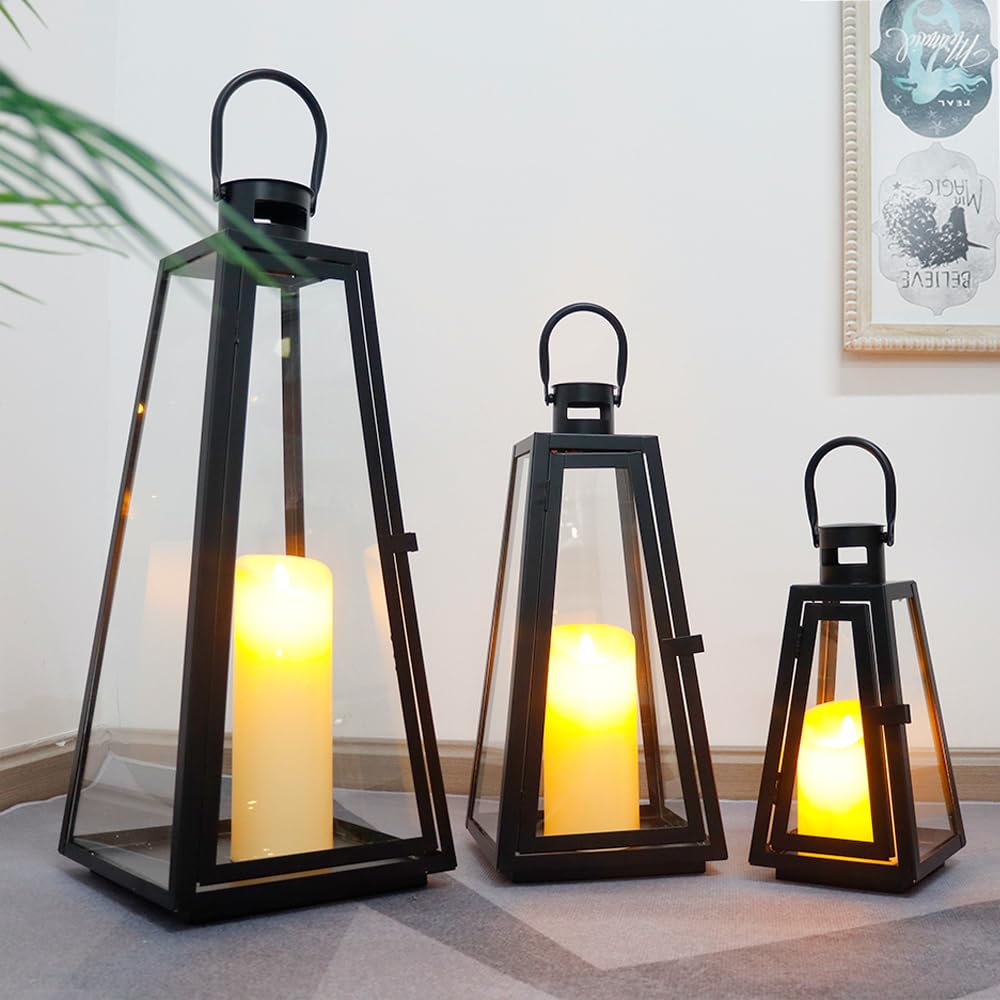 TRIROCKS Set of 3 Decorative Candle Lantern 11/16/21''H Metal Outdoor Candle Holder Hanging Lantern with Tempered Glass for Christmas Home Living Room Parties Event Indoors Outdoors (Black Triangle)