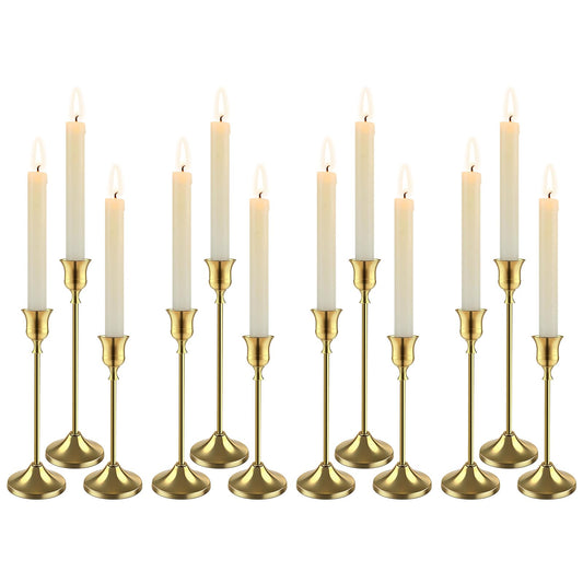 4 Sets (12 PCS) Brass Gold Taper Candlestick Holders - Vintage Metal Candle Sticks - Home Decor Centerpieces for Table Mantel Wedding Housewarming Festive Gift
