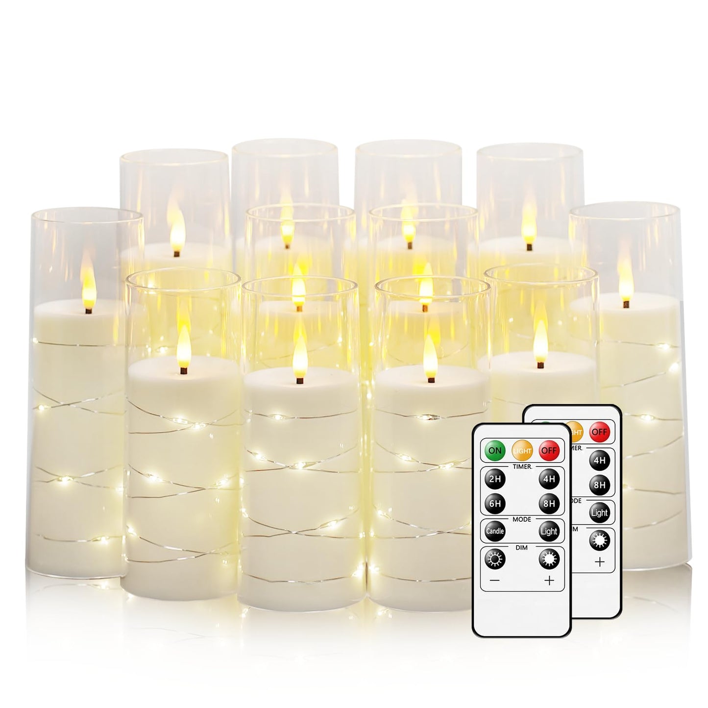 Flameless Candles with Embedded Star String, 12 Pcs Battery Operated LED Pillar Candles with Remote and Timer, Suitable for Home Decor, Party, Christmas & Wedding (White)