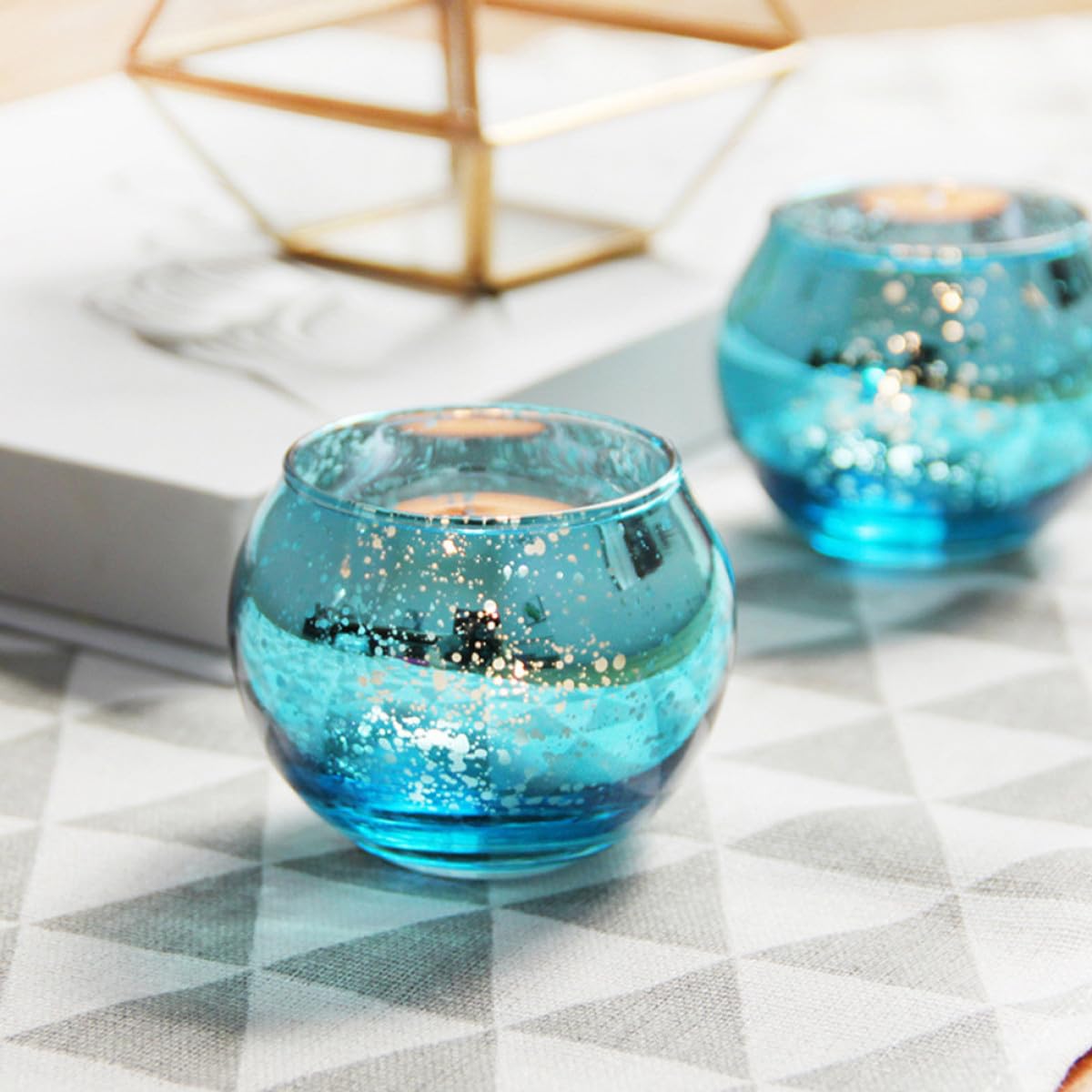 VICASKY 12pcs Blue Patterned Glass Candle Holders Hollow Decorative Candle Cups for Home Wedding Centerpieces Modern Round Sphere Design