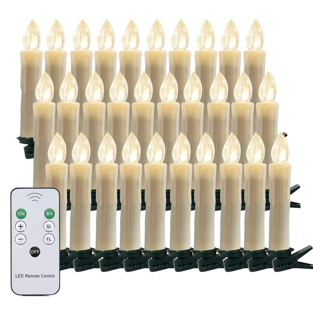 Mxqdhx Christmas Trees flameless Candles, 30Pcs Led Flickering Lights Battery Operated Candlesticks with Remote Timer/Clips, Warm White Window Taper Candles for Home Wedding Halloween Birthday Decor
