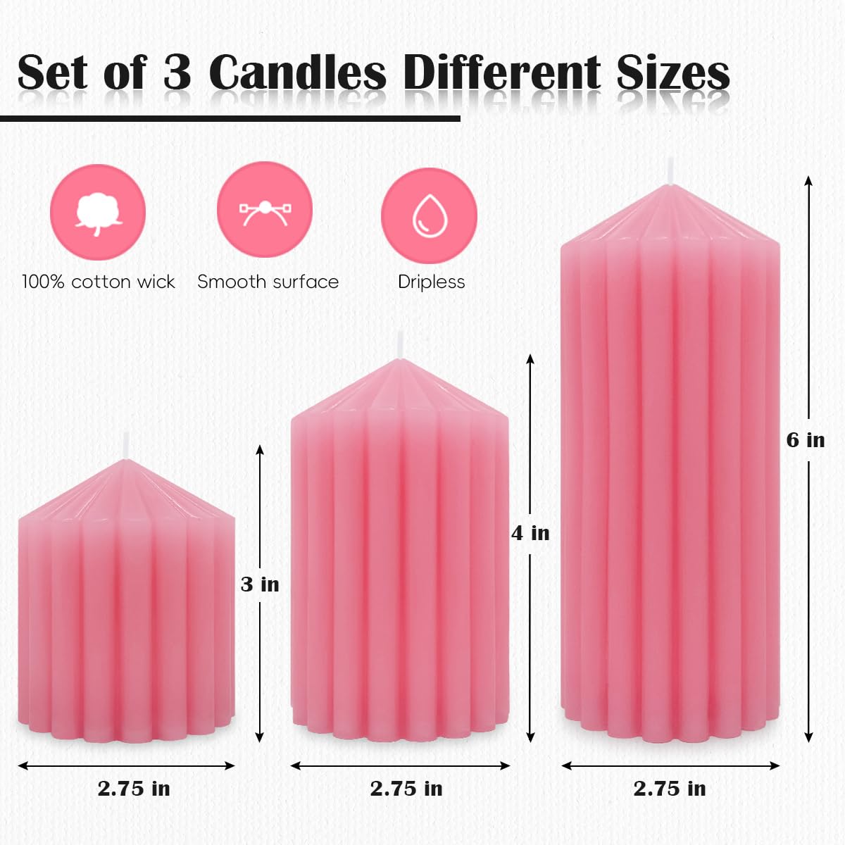 Pink Handmade Decorative Pillar Candles - 2.75×3"/4"/6" Fat Candles - Long Lasting Burning Candles for Home Decor, Gifts & Events