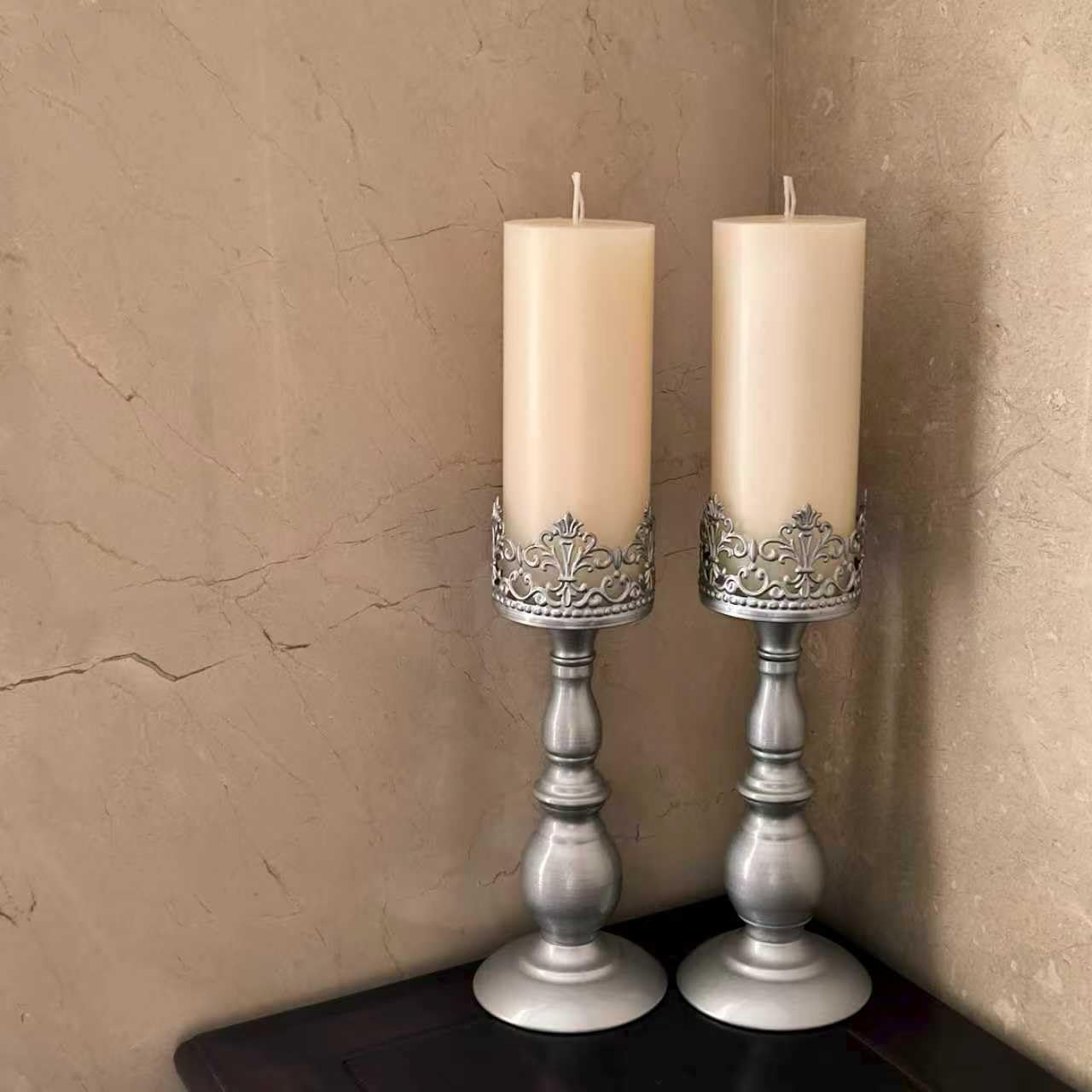 Candle Holders for Pillar Candles Gothic Matte Pearl Silver Tall Candle Holders Set of 2 Decorative Large Table Centerpieces Candle Stand Decor (Pearl Silver 2PCS A)