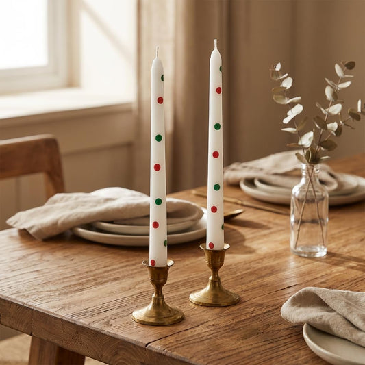 2 Pack Christmas Taper Candles, 10 Inch Unscented White Candlesticks with Colorful Star Design for Holiday Table Centerpiece, Fireplace Mantel, Advent Wreaths, Winter Weddings, Festive Decor
