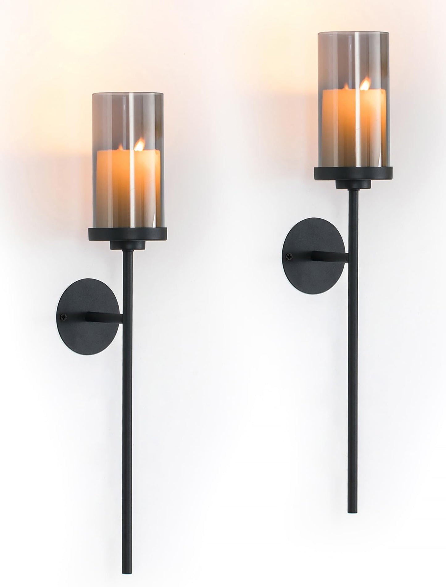 Walasis Black Wall Candle Holder Decor: 22 Inch Metal Long Candle Sconces with Smokey Grey Hurricane Modern Minimalist Decoration for Hallway Living Room Beside Fireplace TV