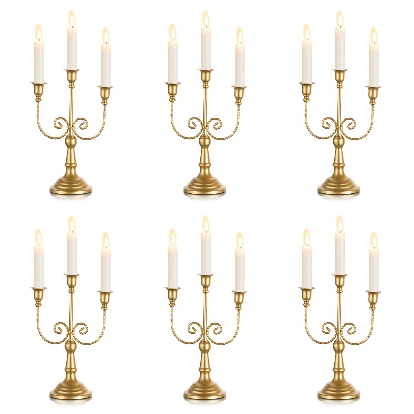 Sziqiqi Gold Taper Candle Holder for Centerpiece - 3-arm Candlesticks Holder for Wedding Table Centerpieces Metal Candle Stick Holders for Fireplace Mantle Set of 6