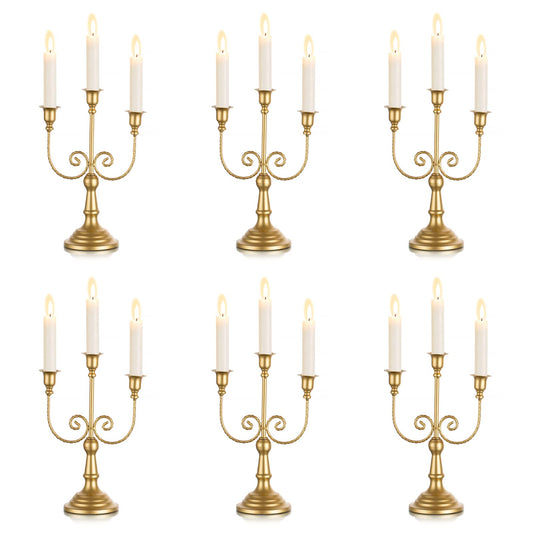 Sziqiqi Gold Taper Candle Holder for Centerpiece - 3-arm Candlesticks Holder for Wedding Table Centerpieces Metal Candle Stick Holders for Fireplace Mantle Set of 6